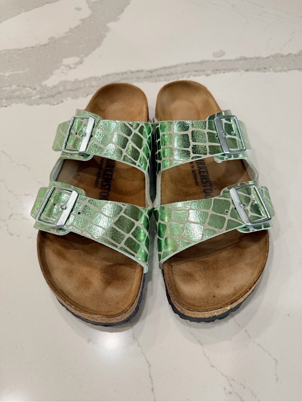Birkenstock Metallic Green Croc-Embossed Double Buckle Sandals
